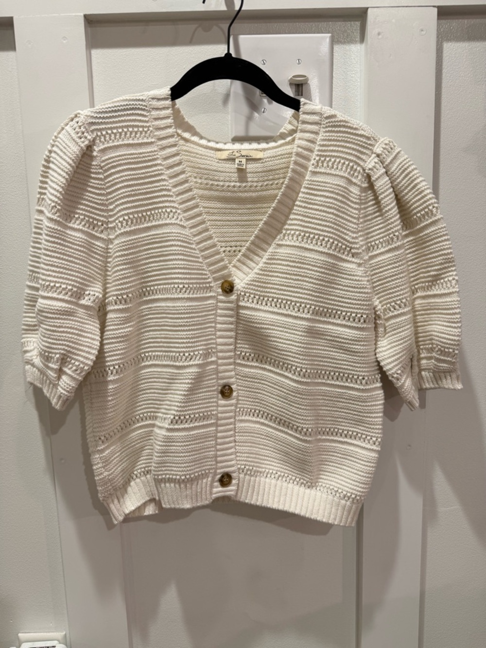 Cream V-Neck Short-Sleeve Knit Cardigan with Brown Buttons